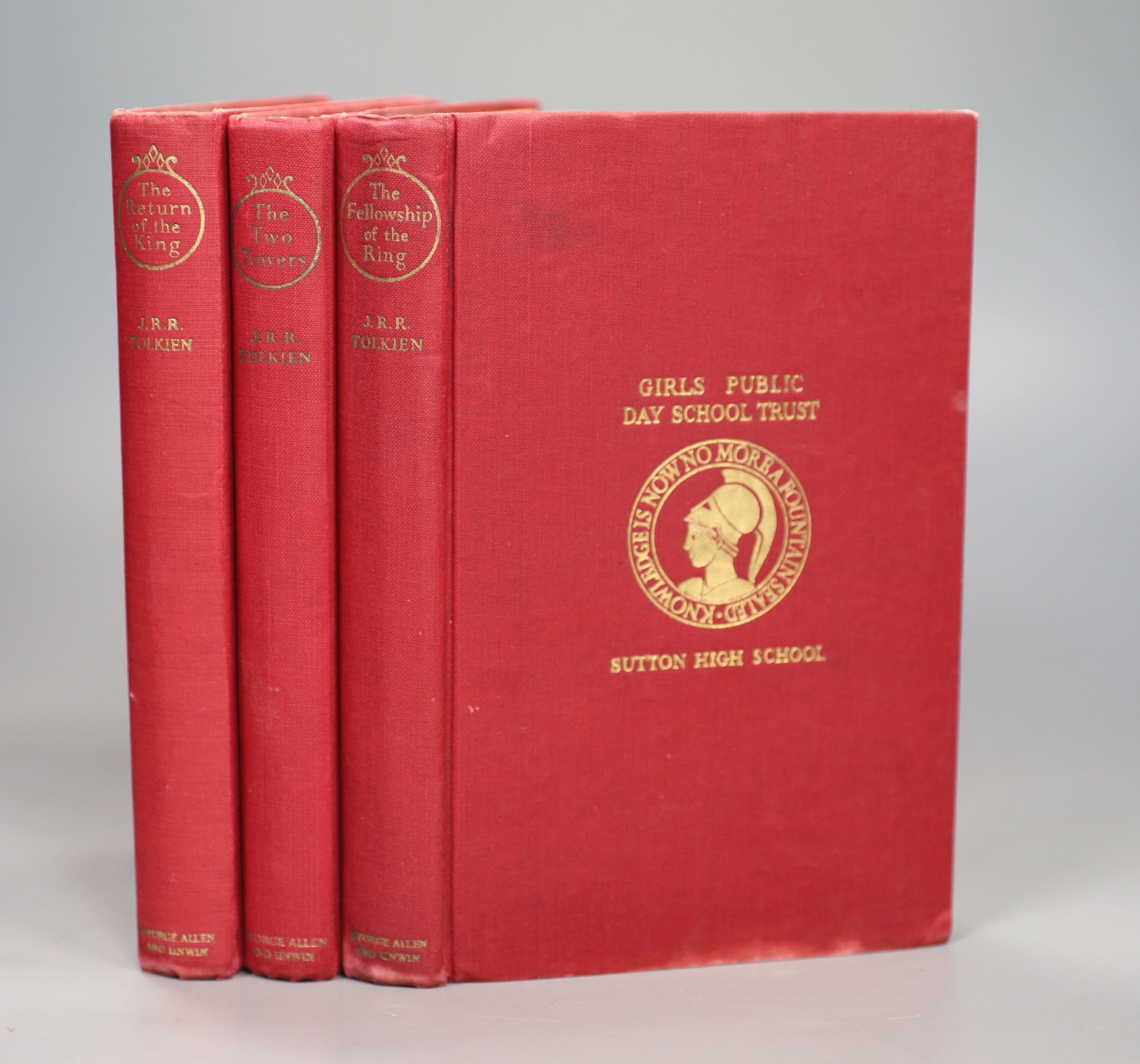 Tolkien, J.R.R - The Lord of the Rings, 3 vols, The Fellowship of the Ring, 5th impression, 1956; The Two Towers, 4th impression, 1956 and The Return of the King, 2nd impression, 1955, rebound red cloth, school prize bin